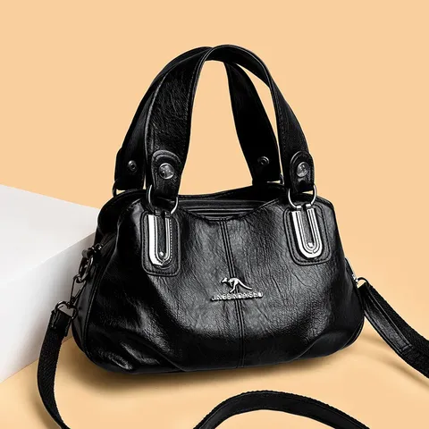 Large Capacity Multi-Layer Women Handbag Vintage PU Leather Casual Tote Bag Solid Color Shoulder Bag Daily Handbag