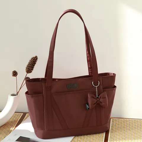 Women Large Capacity Tote Bag Casual Nylon Shoulder Bag With Bow Waterproof Commuter Handbag Solid Color Daily Purse