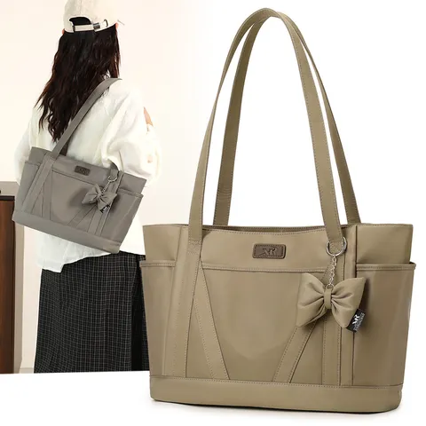 Women Large Capacity Tote Bag Casual Nylon Shoulder Bag With Bow Waterproof Commuter Handbag Solid Color Daily Purse