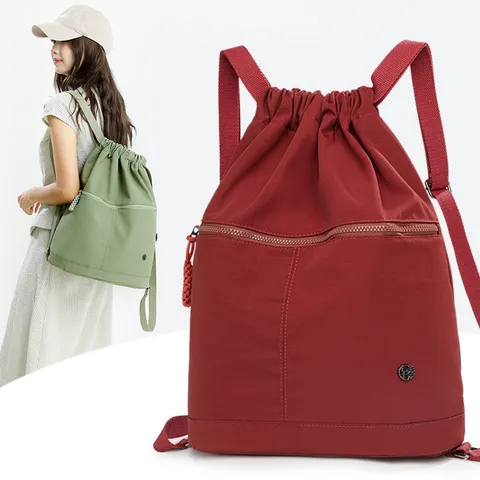 Women Casual Nylon Waterproof Drawstring Backpack Large Capacity Solid Color Sports Fitness Travel Daypack