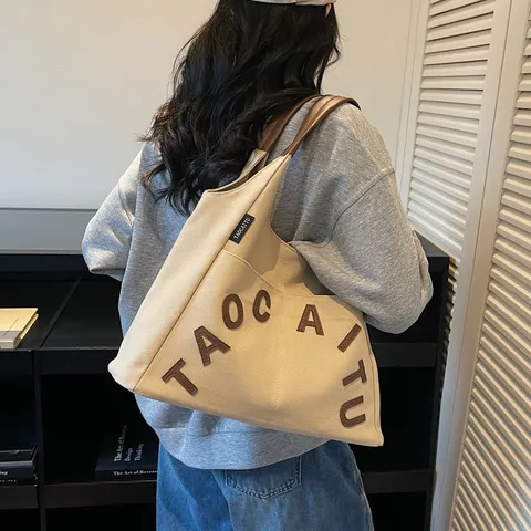 Grand Sac Cabas en Toile de Grande Capacité pour Femmes Broderie de Lettres Sac Bandoulière Décontracté Sac à Main Mode
