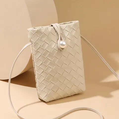 Mini Sac Bandoulière Tissé en Cuir PU Mode Décontracté Sac Téléphone Portable Décor de Perles Sac à Main Épaule Pour Femmes
