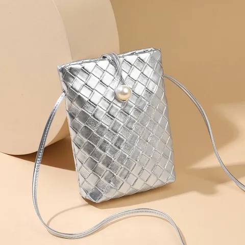 Mini Sac Bandoulière Tissé en Cuir PU Mode Décontracté Sac Téléphone Portable Décor de Perles Sac à Main Épaule Pour Femmes