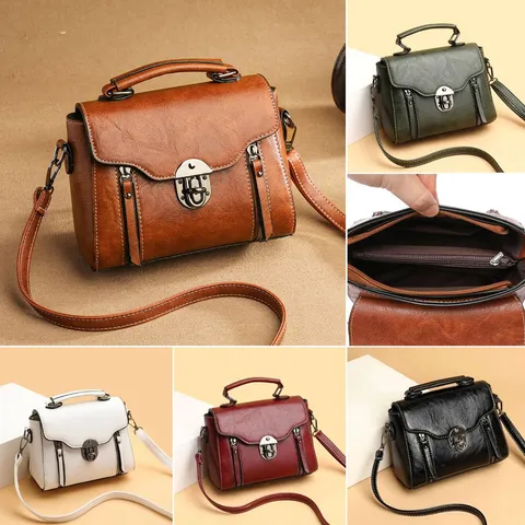 Sac Bandoulière pour Femme en Cuir PU Rétro Sac à Épaule Uni Décontracté Vintage Sac à Main avec Fermoir Métallique et Sangle Réglable