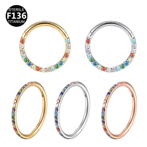Titanium Alloy Hinged Segment Clicker Nose Ring Hoop Inlaid Colorful Rhinestone Cartilage Earring Body Piercing Jewelry For Unisex