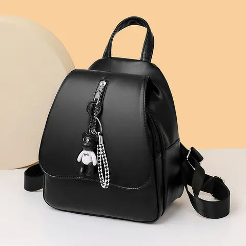 Sac à Dos Mode Femme Couleur Contrastée Cartable d'École Décontracté Rucsac en Cuir PU Simple avec Pendentif Ours