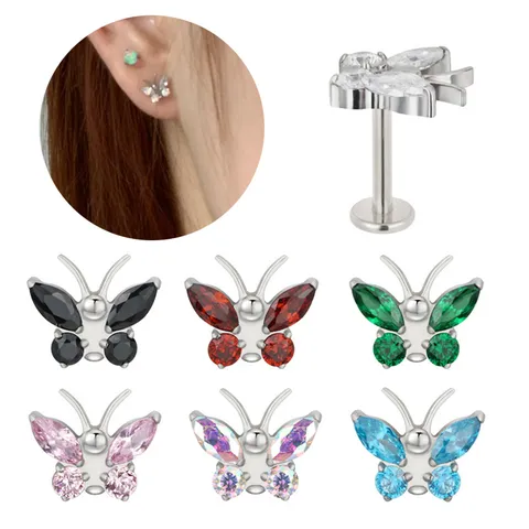 ASTM F136 Titanio Mariposa Circonia Piercing Labio Rosca Interna Anillo Labio Pendiente Cartílago Joyas de Piercing Corporal