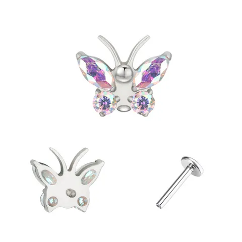 ASTM F136 Titanio Mariposa Circonia Piercing Labio Rosca Interna Anillo Labio Pendiente Cartílago Joyas de Piercing Corporal