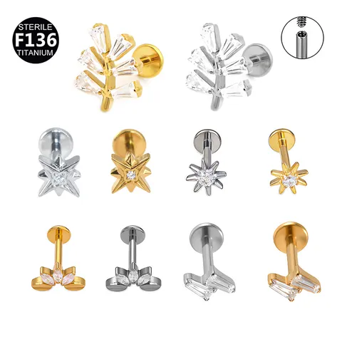 G23 Titane Labret Stud Oreille Cartilage Piercing Boucles d'Oreilles Zirconia Fleur Étoile Feuille Bijou