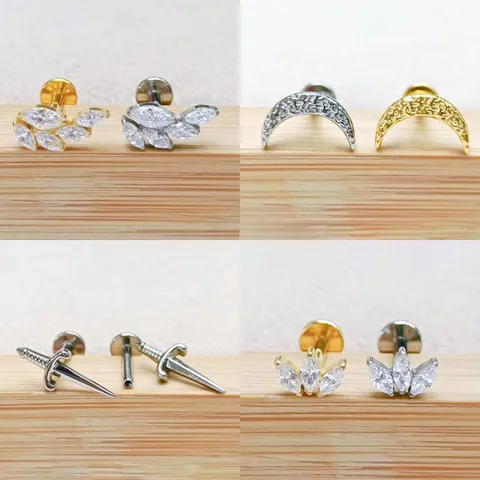 G23 Titanium Rhinestone Labret Piercing Stud Body Jewelry Electroplated Geometric Moon Sword Wing Lip Ear Bone Stud For Unisex Daily Party