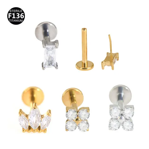 F136 Alliage de Titane Zirconia Anneau de Lèvre Clou de Cartilage d'Oreille Bijou de Piercing Fleur Couronne Corps Géométrique