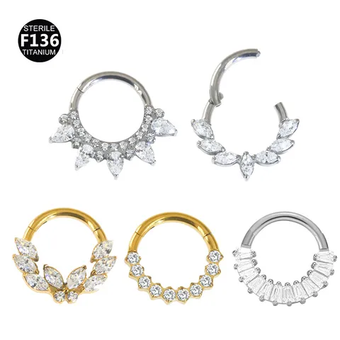 F136 Titanium Nose Ring Tragus Stud Piercing Jewelry Crown Wings Zirconia Hinged Segment Ring Body Piercing Accessories
