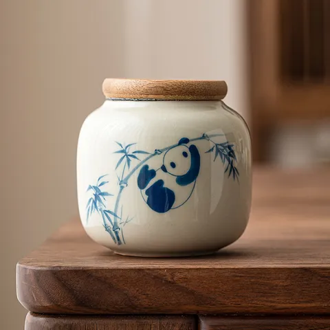 Boîte à Thé en Céramique Panda Peinte à la Main Petit Pot de Stockage Hermétique Portable Avec Couvercle en Bois Mini Conteneur Alimentaire Décoration de Cuisine