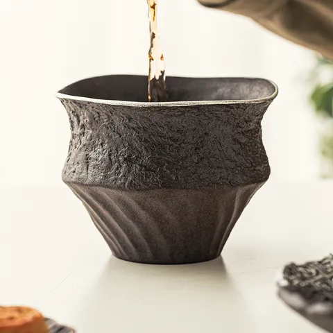 Lavabo per Tè in Ceramica Grezza Vintage Bordo Argentato Fatto a Mano Trama di Roccia Jianshui Accessorio Cerimonia del Tè Bacinella