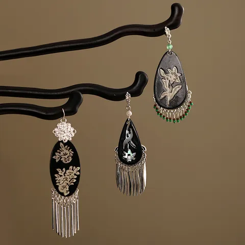 Neo-Chinese Resin Flower Hairpin Tassel Hair Stick Alloy Rhinestone Earrings 925 Sterling Silver Post Women Jewelry