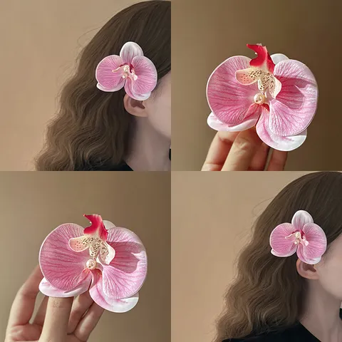 Süße Frische Legierung Künstliche Perle Blumen Haarschnitt Elegante Orchidee Rose Blume Krokodilklemme Haarkralle Für Damen Urlaub Reisen Zubehör