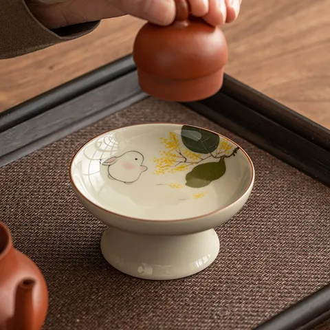 Hand-Painted Ceramic Tea Pot Lid Holder High Foot Stand Plant Ash Glaze Kung Fu Tea Accessories Ornament Desktop Plate
