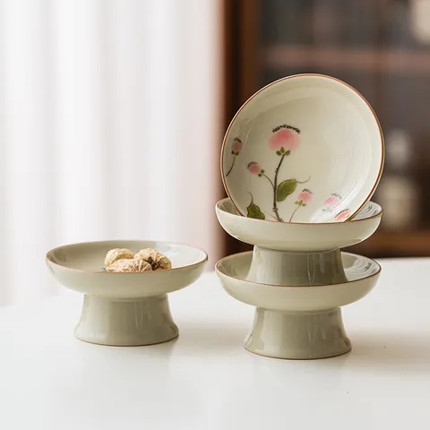 Hand-Painted Ceramic Tea Pot Lid Holder High Foot Stand Plant Ash Glaze Kung Fu Tea Accessories Ornament Desktop Plate