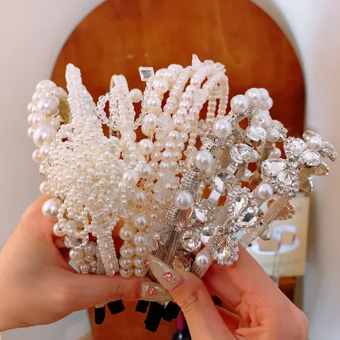French Retro Bow Artificial Pearl Crystal Headband Sweet Rhinestone Hair Band For Women Wedding Party Hair Accessories