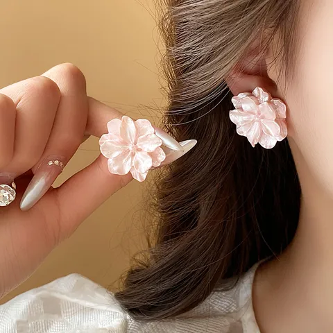 Sweet Pink Flower Pearl Letter Stud Earrings For Women Fresh Minimalist Rhinestone Earring Set 925 Sterling Silver Post Fashion Jewelry