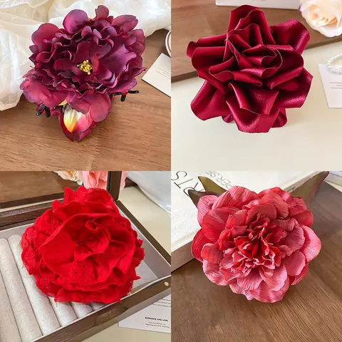 Elegant Romantic Red Rose Flower Hair Claw Artistic Vintage Big Flower Shark Clip Sweet Handmade Satin Ribbon Bow Tassel Hairpin Headwear For Women Daily Party Hair Accessories