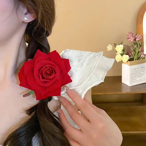 Elegant Romantic Red Rose Flower Hair Claw Artistic Vintage Big Flower Shark Clip Sweet Handmade Satin Ribbon Bow Tassel Hairpin Headwear For Women Daily Party Hair Accessories