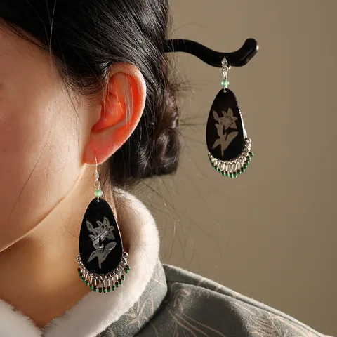 Neo-Chinese Resin Flower Hairpin Tassel Hair Stick Alloy Rhinestone Earrings 925 Sterling Silver Post Women Jewelry