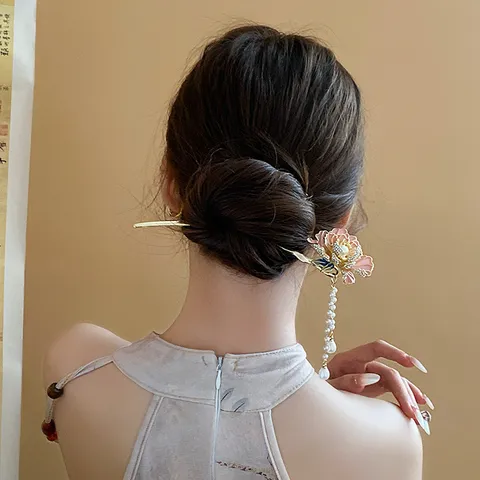 New Chinese Style Enamel Flower Hair Stick With Artificial Pearl Tassel Rhinestone Inlaid Ancient Style Hairpin For Women Hanfu Jewelry