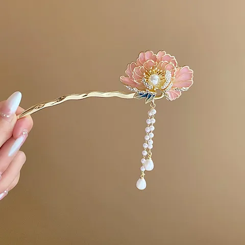 New Chinese Style Enamel Flower Hair Stick With Artificial Pearl Tassel Rhinestone Inlaid Ancient Style Hairpin For Women Hanfu Jewelry
