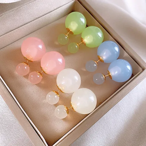 Gold Plated 925 Sterling Silver Post Glass Stud Earrings Sweet Double Sided Round Beads Fashion Fresh Jewelry For Women
