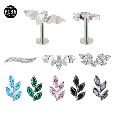 F136 Titan G23 Fledermausflügel Blatt Zirkonia Innengewinde Labret Stecker Ohrknorpel Piercing Schmuck Für Herren Damen