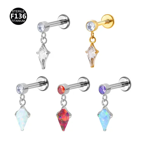 F136 Titanium Kite Shape Opal Dangle Tragus Stud Helix Earring M0.9 Thread Rhinestone Piercing Body Jewelry For Women Men