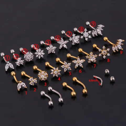 Edelstahl Gebogene Hantel Strass Piercing Schmuck Blume Blatt Tragus Helix Conch Ohrring Augenbrauenring Für Damen