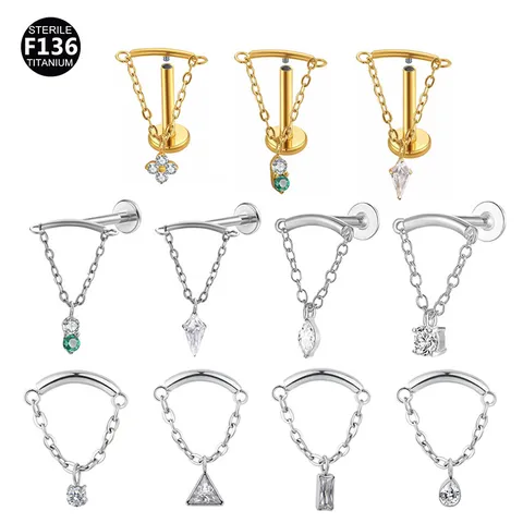 ASTM F136 Titanium Chain Pendant Lip Ring Internally Threaded Labret Stud Piercing Jewelry Rhinestone Ear Cartilage Earrings