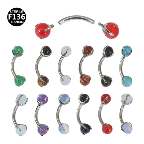 F136 Titanium Internally Threaded Eyebrow Piercing Curved Barbell Rook Stud With Natural Opal Turquoise Stone Inlay Jewelry