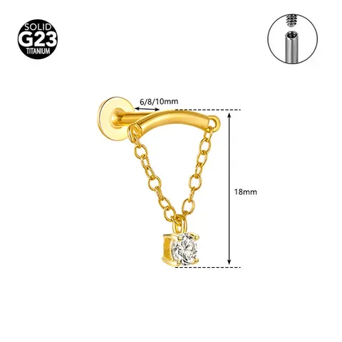 ASTM F136 Titanium Chain Pendant Lip Ring Internally Threaded Labret Stud Piercing Jewelry Rhinestone Ear Cartilage Earrings