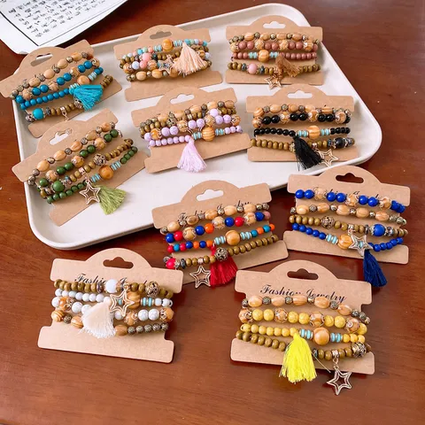 Bohemian Layered Beaded Wooden Bracelet Multi Row Tassel Charm Jewelry Alloy Rhinestone Leaf Butterfly Heart Crystal Strand Bracelets For Women Vacation Gift