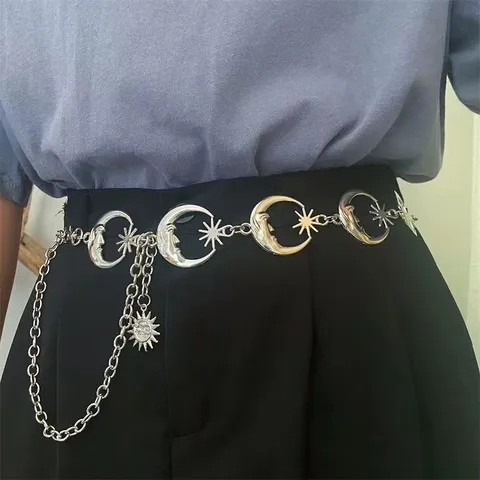 Punk Hip Hop Waist Chain For Women Metal Moon And Star Body Chain Adjustable Layered Belly Chain Fashion Jewelry
