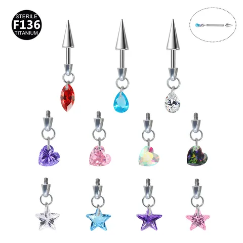 F136 Titan Internes Gewinde Knorpel Ohrstecker Stern Herz Wassertropfen Zirkonia Anhänger Labret Helix Piercing Schmuck Unisex