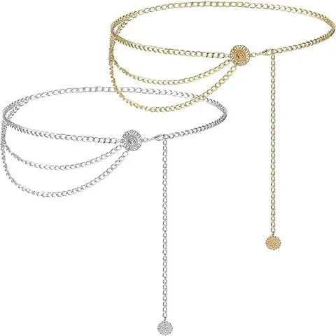 Women Fashion Retro Metal Sunflower Round Plate Waist Chain Multi Layer Body Chain Vintage Statement Waist Jewelry