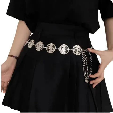 Women Fashion Metal Waist Chain Punk Hip Hop Round Cutout Body Chain Adjustable Waistband Body Jewelry Accessories