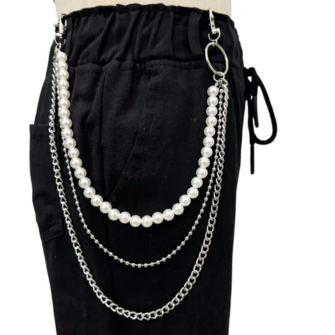 Women Vintage Multi Layer Waist Chain Punk Style Metal Artificial Pearl Chain Hip Hop Pants Chain Body Jewelry Accessories