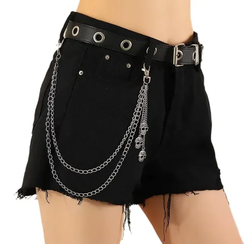 Punk Metal Skull Pentagram Pendant Waist Chain Double Layer Hip Hop Pants Chain Silver Body Jewelry For Women Men