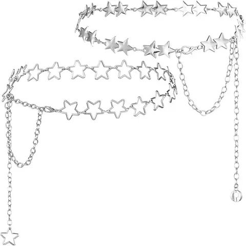 Retro Punk Metal Pentagram Waist Chain Women Y2K Silver Star Body Chain Fashion Layered Waist Jewelry Accessory