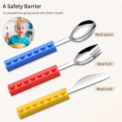 Children Stainless Steel Cutlery Set Creative Block Silicone Handle Fork Spoon Knife Portable Tableware Set For Kids Baby Feeding