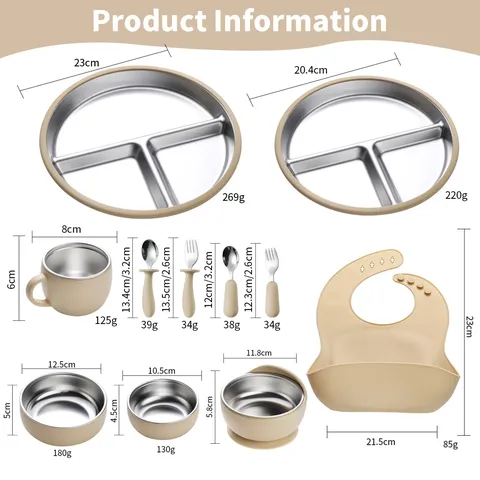 Ensemble de Vaisselle pour Enfants en Silicone et Acier Inoxydable Plaque Divisée Bol à Ventouse Cuillère Fourchette Cadeau