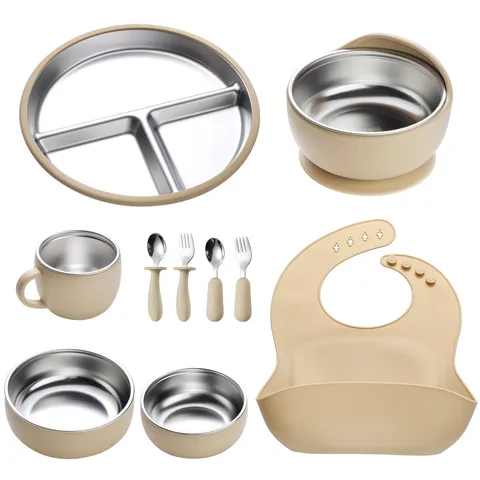 Ensemble de Vaisselle pour Enfants en Silicone et Acier Inoxydable Plaque Divisée Bol à Ventouse Cuillère Fourchette Cadeau