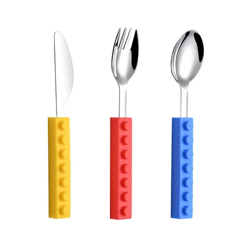 Children Stainless Steel Cutlery Set Creative Block Silicone Handle Fork Spoon Knife Portable Tableware Set For Kids Baby Feeding
