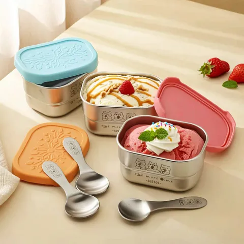 Stainless Steel Cartoon Ice Cream Box Sealed Fruit Crisper Bento Box With Lid And Spoon Cute Food Storage Container