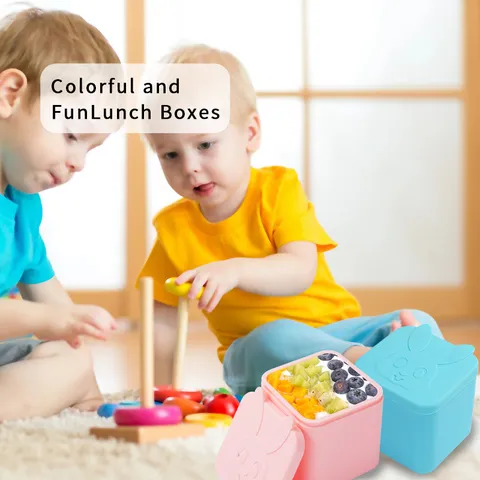 Contenant de Vinaigrette en Silicone Portable Boîte à Déjeuner Carrée Antifuite Mignon Ours Lapin Gaufré Bol de Stockage de Nourriture Pour Enfants